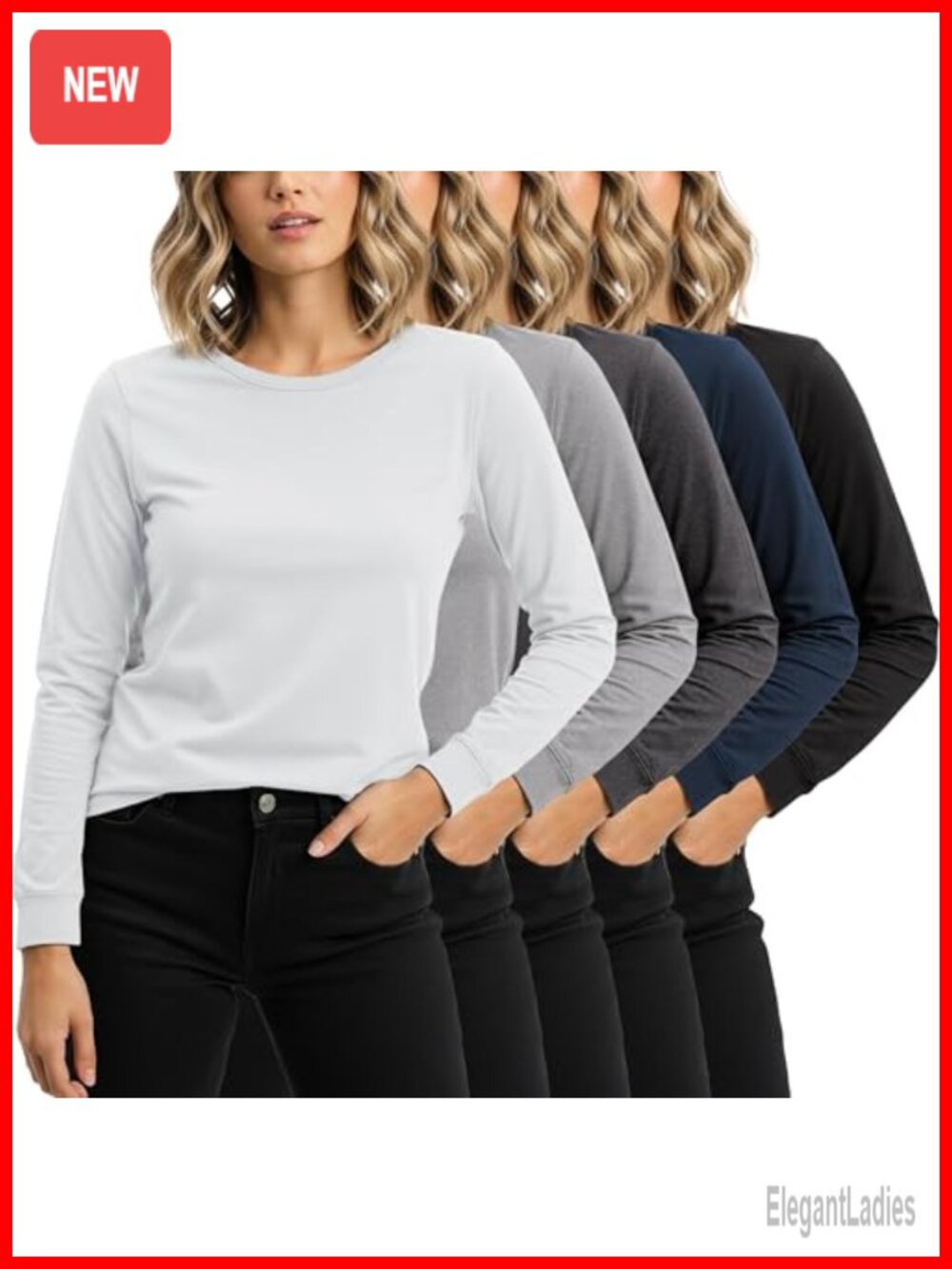 Cotton Stretch Athletic Long Sleeve T-Shirt Crew Neck 5-Pack